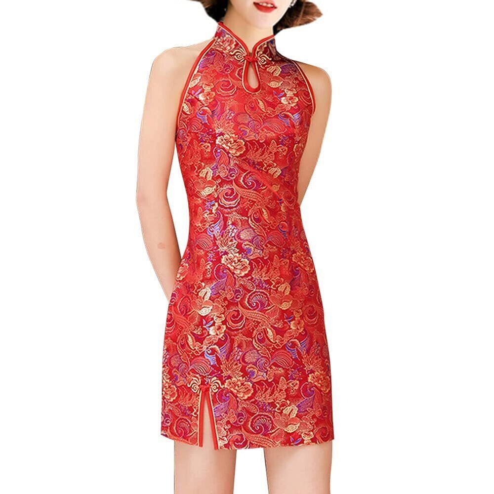 6114 Vintage Cheongsam Costume Short Sleeve Side Slit Floral Print Mandarin